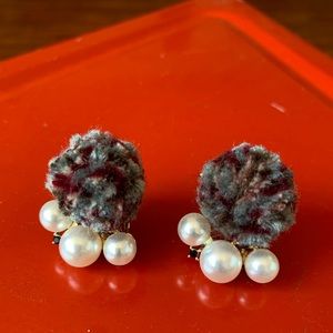 Yarn Pom Pom Earrings with Faux Pearls